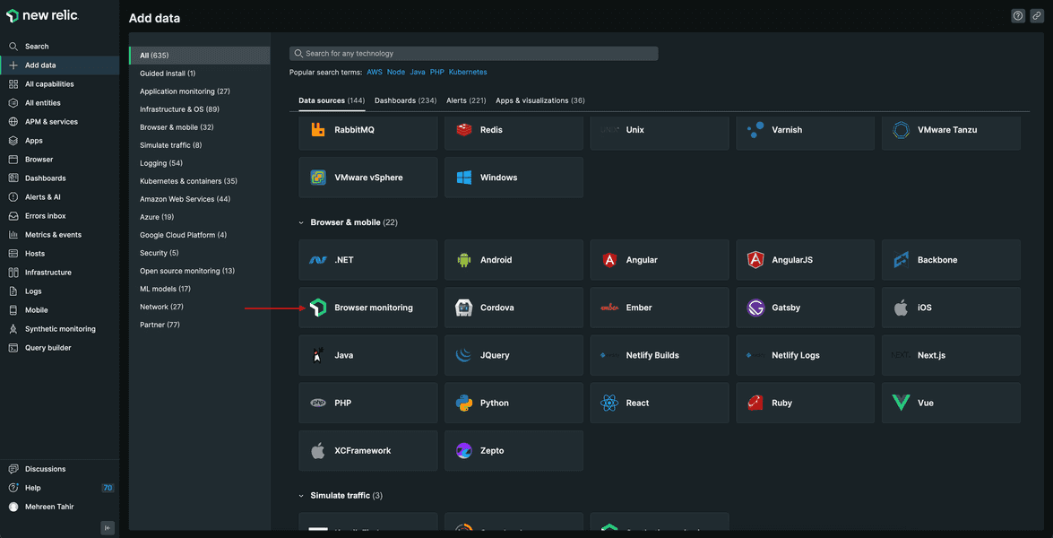 Arrow pointing to New Relic Browser